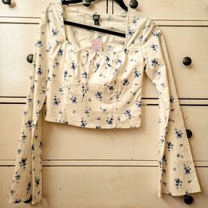 Wild Fable Cream Blouse with Blue Floral Design